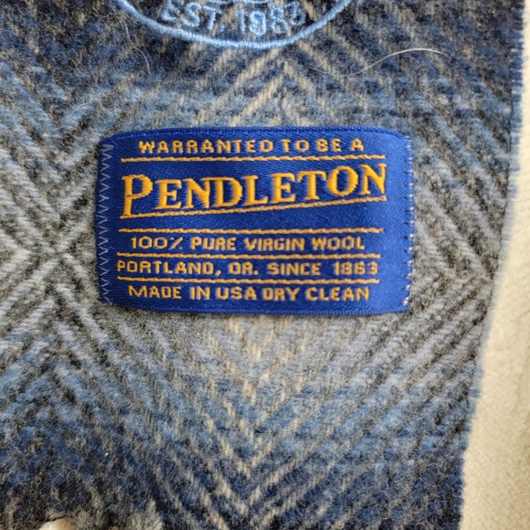 Pendleton 100% Pure Virgin Wool Scarf Blue Plaid Fringe Made in USA company logo - Picture 2 of 8